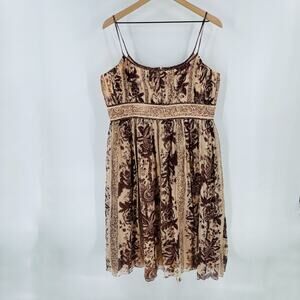 Vintage Jones New York 100% Silk Floral Print Slip Dress‎ Brown Beige Size 14